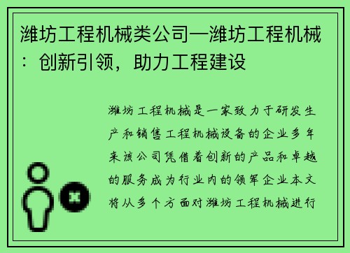 潍坊工程机械类公司—潍坊工程机械：创新引领，助力工程建设